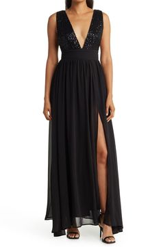 Love By Design Daphne Sequin Top V-Plunge Maxi Dress | Nordstromrack Plunge Neck Maxi Dress, Plunge Maxi Dress, Dress Empire Waist, Maxi Gown Dress, Ruffle Sleeve Dress, Daytime Dresses, Maxi Dress Navy, Pleated Maxi Dress, Pleated Midi Dress