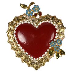 Charming Silson Art Deco Enamel Heart from the 1930's. Red enamel with gilt lacey border and blue enamel floral accents. Excellent condition. Please note: White reflections on red enamel are from lighting. Center is all red. 2.5" x 2.5". Enamel Jewelry Victorian, Luxury Enamel Heart Charm Jewelry, Weird Accessories, Art Deco Bag, Noble Lady, Heart Flowers, Vintage Jewellery Rings, Heart Brooch, Valentines Jewelry