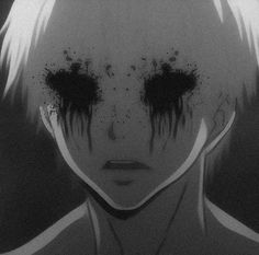 an anime character with black hair and blood on his face is staring at the camera