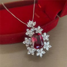 Flower Shape Square Cut Ruby Pendant NecklaceNecklace Ruby Necklace Pendant, Neck Accessories, Ruby Pendant, Silver 925 Necklace, Copper Necklace, Geometric Pendant, Delicate Jewelry, Red Crystals, Red Stone