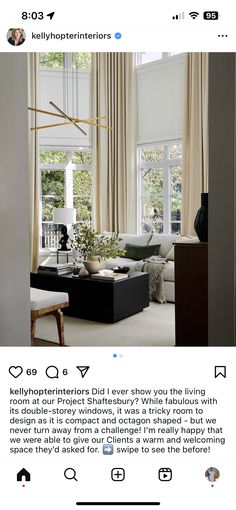 a living room with white walls and curtains on the window sill is featured in an instagram