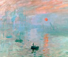 a painting of boats in the water at sunset or sunrise, with one person on it