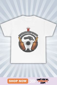 White t-shirt with a graphic of a steering wheel, beer bottles, and a handgun, with the text "GET THIS MAN BEHIND THE WHEEL.