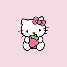 hello kitty holding a strawberry on a pink background