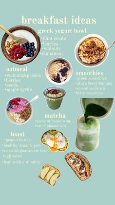 an image of breakfast foods that include yogurt and cereal