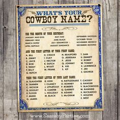 an old poster with the names of cowboys in blue and white on wood planks