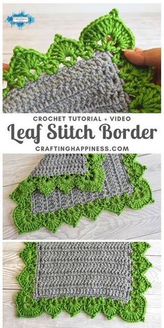 the crochet pattern for leaf stitch border is shown in green and gray colors