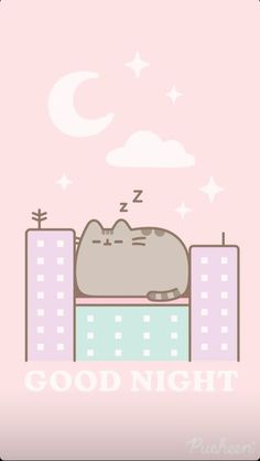 a cat sleeping on top of a building with the words good night written below it