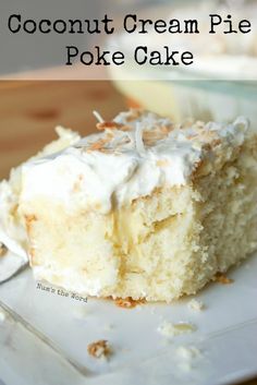 a piece of coconut cream pie poke cake on a plate