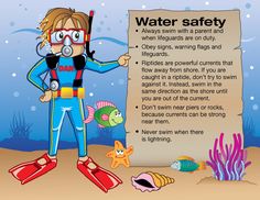 a cartoon boy wearing scuba gear standing in front of a sign that says water safety