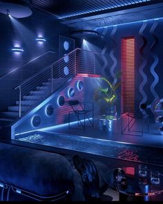 a living room filled with lots of furniture next to a stair case covered in neon lights