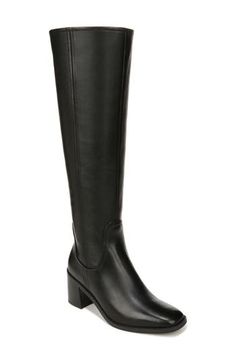 A stretchy back panel lends easy wear to an equestrian-inspired boot balanced by a squared-off toe and stacked block heel. 2 1/2" heel (size 7.5) 16" shaft; 14" calf circumference Cushioned footbed with Contour+ technology and arch support Leather upper/synthetic lining/rubber sole Imported