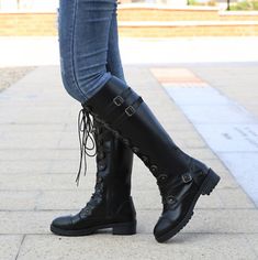 Sparkly Combat Boots, Combat Shoes, Long Black Boots, Jeans Tall, Knee High Boots Winter, Western Shoes, Buckle Fashion, Pu Boots, Knee Length Boots