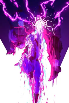 a digital painting of a woman with purple hair and lightning in her hands, on a white background