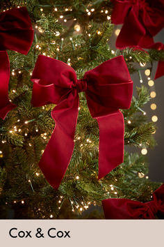 a christmas tree with red bows and lights in the background is an advertisement for cox & cox