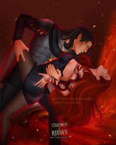 an illustration of a woman being hugged by a man in a black suit and red hair