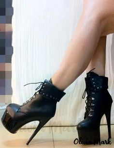 Olivia Mark - Stylish Black Lace-Up Ankle Boots for Women - Round Toe, Platform, and High Heel Design High Heel Combat Boots, Ankle Combat Boots, Chic High Heels, Lace Up High Heels, Designer High Heels, Lace Up Combat Boots, Super High Heels, Peep Toe Shoes, Platform High Heels