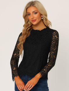 Shop Allegra K for lace long sleeve ruffle stand neck floral blouse you are looking for, get more women's blouses for yourelf. Order now! Free Returns! Womens Lace Tops, Stand Neck, Black Floral Blouse, Lace Top Long Sleeve, Lace Long Sleeve, Women's Blouses, Night Looks, Blouse Black, Office Outfits