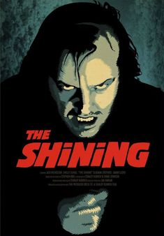 the shining movie poster with an evil looking man in black shirt and red lettering on it