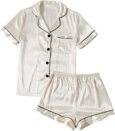 "Soft and lightweight silk satin material, this loungewear set is comfortable for your relaxing day or night. Two piece satin pajamas set featuring with a button front short sleeve shirt and a pair of shorts." Silk Pj Set, Shorts Sleepwear, Silk Pjs, Pajamas Short, Short Blanc, Top With Shorts, Silky Pajamas