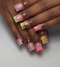 Colorful Nail Inspo Acrylic, Dope Short Nail Designs, Short Freestyle Nails, Nails Design With Rhinestones