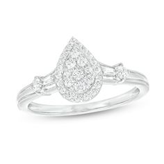 A romantic style, this pear-shaped muti-diamond frame engagement ring reflects your love with sparkle and vintage-inspired details. Fashioned in cool 10K white gold Round diamonds shimmer in a pear-shaped composite - all wrapped in a diamond halo. Baguette-cut and round diamonds flank the center. Intricate milgrain detailing borders the polished shank and side stones for a hint of heirloom appeal. This engagement ring captivates with 1/3 ct. t.w. of diamonds. Anniversary Pear Shaped Diamond Ring With Rose Cut, Pear Shaped Anniversary Diamond Ring With Rose Cut Diamonds, Anniversary Pear Shaped Rose Cut Diamond Ring, Pear Shaped Rose Cut Diamond Ring For Anniversary, Pear-shaped Cluster Ring With Rose Cut Diamonds, Pear-shaped Diamond Ring With Accents For Anniversary, Anniversary Pear Shaped Diamond Ring With Accents, Pear-shaped Wedding Ring With Diamond Accents, Pear-shaped Diamond Ring With Accents