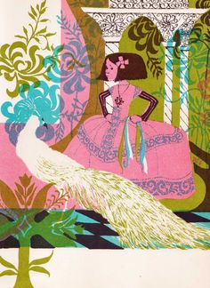 an illustration of a woman in a pink dress next to a peacock