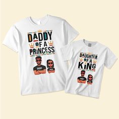 Show off your pride as a Black Dad with our Dad Shirt! This Father's Day Gift T-shirt is designed for the modern dad, featuring the empowering message "Daddy Of A Princess" and "Daughter Of A King." It's the perfect gift for fathers and daughters who want to express their special bond. Let the world know that you're a proud dad and that your daughter is your little princess with this Daddy's Girl Tee. Whether you're spending quality time together or creating lasting memories, this shirt is a symbol of the unbreakable connection between a father and his daughter. Get this meaningful Daughter Gift now and celebrate the love between a dad and his princess! MESSAGE: Daddy Of A Princess Daughter Of A King.PRODUCT DETAILS: 100% cotton (99% for ash/grey colors, 50% for hoodie) Decoration type: Di Father's Day Family Text Print T-shirt, Father's Day Family T-shirt With Text Print, Father's Day Text Print T-shirt, Family Matching Relaxed Fit T-shirt For Father's Day, Father's Day Family Cotton T-shirt, Father's Day Graphic Tee With Custom Print, Father's Day Custom Print Graphic Tee, Father's Day Customizable Short Sleeve T-shirt, Customizable T-shirt For Father's Day