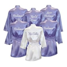 six bridesmaid robes in purple and white