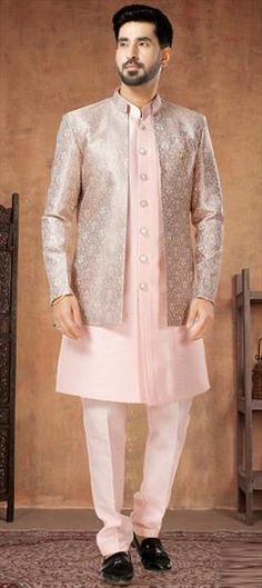 Pink and Majenta color Kurta Pyjama with Jacket in Silk fabric with Embroidered, Sequence, Thread work Luxury Pink Sherwani Straight Kurta, Kurta Pyjama With Jacket, Party Wear Kurta, Kurta Pyjama, Eid Special, Thread Work, Wear Pink, Silk Fabric, Party Wear