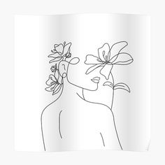 a line drawing of a woman with flowers in her hair