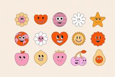 an assortment of cartoon faces with hearts, sunflowers, and flowers on them