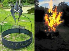 a fire pit with an image of a dragon on it and the caption's description below