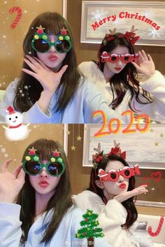 two girls wearing sunglasses and christmas decorations on their faces, with the caption merry christmas