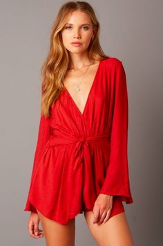 What If Red Long Sleeve Wrap Romper Fall V-neck Wrap Top With Tie Waist, Party Top With Tie Waist And V-neck, Party V-neck Top With Tie Waist, V-neck Top With Tie Waist For Party, Spring V-neck Wrap Top In Solid Color, Summer Party V-neck Wrap Top, Summer V-neck Wrap Top For Night Out, V-neck Wrap Top For Party, Spring Night Out V-neck Wrap Top