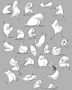 a bunch of white birds that are in different positions and sizes, all with their beaks open