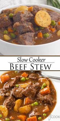 slow cooker beef stew in a white bowl with carrots and peas on the side