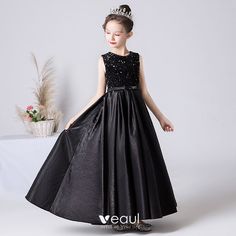 Chic / Beautiful Black Sequins Satin Birthday Flower Girl Dresses 2022 A-Line / Princess Scoop Neck Sleeveless Sash Floor-Length / Long Flower Girl Dresses Long Flower Girl Dresses, Dresses 2022, Long Flowers, Birthday Flower, Birthday Flowers, Girl Dresses, Black Sequins, Floor Length, Sleeveless Formal Dress