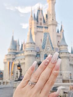 Found this photo on tik tok and fell in love with the subtle disney inspiration Disney Inspo Acrylic Nails, Disney Nails Acrylic Christmas, Disney Rhinestone Nails, Nail Ideas Disney Simple, Nail Art Designs Disney Simple, Disney Nails Elegant, Disney Nail Designs Acrylic Simple, Nail Ideas For Disneyland, Fancy Disney Nails