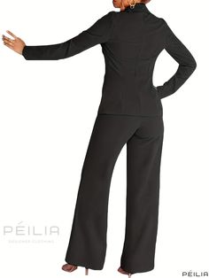 Peilia - Contemporary Sophistication: Womens Casual Two-piece Set with Tie Front Long Sleeve Blazer and Tailored Pants Ensemble Elegant Black Pants Set, Elegant Black Long Pants Set, Formal Fitted Long Pants Set, Fitted Formal Sets With Long Pants, Elegant Formal Sets With Long Pants, Stretch Elegant Formal Pantsuit, Elegant Stretch Suits For Office, Stretch Elastane Pantsuit For Formal Occasions, Stretch Elastane Formal Pantsuit