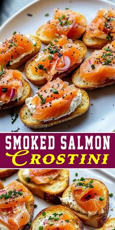 Serve these elegant Smoked Salmon Crostini 🍣 at your next party! Perfectly crispy bread topped with smoked salmon and cream cheese makes for an easy, delicious appetizer. #SmokedSalmon #CrostiniRecipe #PartyFood #EasyAppetizers #SeafoodLovers Smoked Salmon And Cream Cheese Recipes, Smoked Salmon Baguette, Smoked Salmon Bruschetta, Salmon Recipes Bites, Smoked Salmon Recipes Healthy, Smoked Salmon Appetizers For Party, Smoked Salmon With Cream Cheese, Appetizers With Salmon, Appetizers With Smoked Salmon