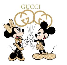 two mickey and minnie mouses holding hands with the word gg in gold letters