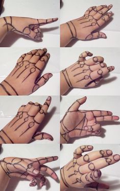 several pictures of hands with different designs on them, all showing the fingers and palms