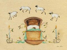 a painting of sheep jumping over a baby's crib with candles in it