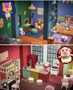 two pictures of the same room in animal crossing