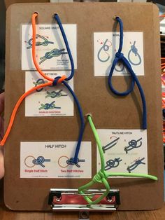 two pairs of scissors are attached to a clipboard with string and paper clips on it