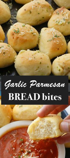 garlic parmesan bread bites are being dipped with marinara sauce