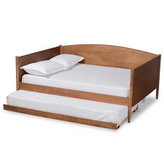 a wooden bed frame with white sheets and pillows on the bottom half, against a white background