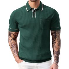 Features: Polo Collar; Button Front; Short Sleeve; Conrast Tipping To Collar, Placket, Cuffs And Hem; Ribbed Knit; Stretchy & Soft; Chest Pocket; Vintage Polo; Pullover Style Breathable & Lightweight: Mens Vintage Polo Shirt Has A Lightweight Knit, Making It A Breathable Option. It Can Directly Touch The Skin, Also The Breathable And Well Elastic Yarns With Cool Feeling, Perfect For Spring Summer Weather Wearing. There Is Also A Pocket, Perfect For Storing Sunglasses. Plus, It's Available In A V Knitted Polo Shirt, Textured Knit Sweater, Polo Pullover, Knitted Polo, Slim Fit Shorts, Business Attire, Textured Knit, Knit Shirt, Casual Pullover