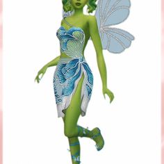 a green fairy with blue wings is standing in front of a white background and has her hands on her hips